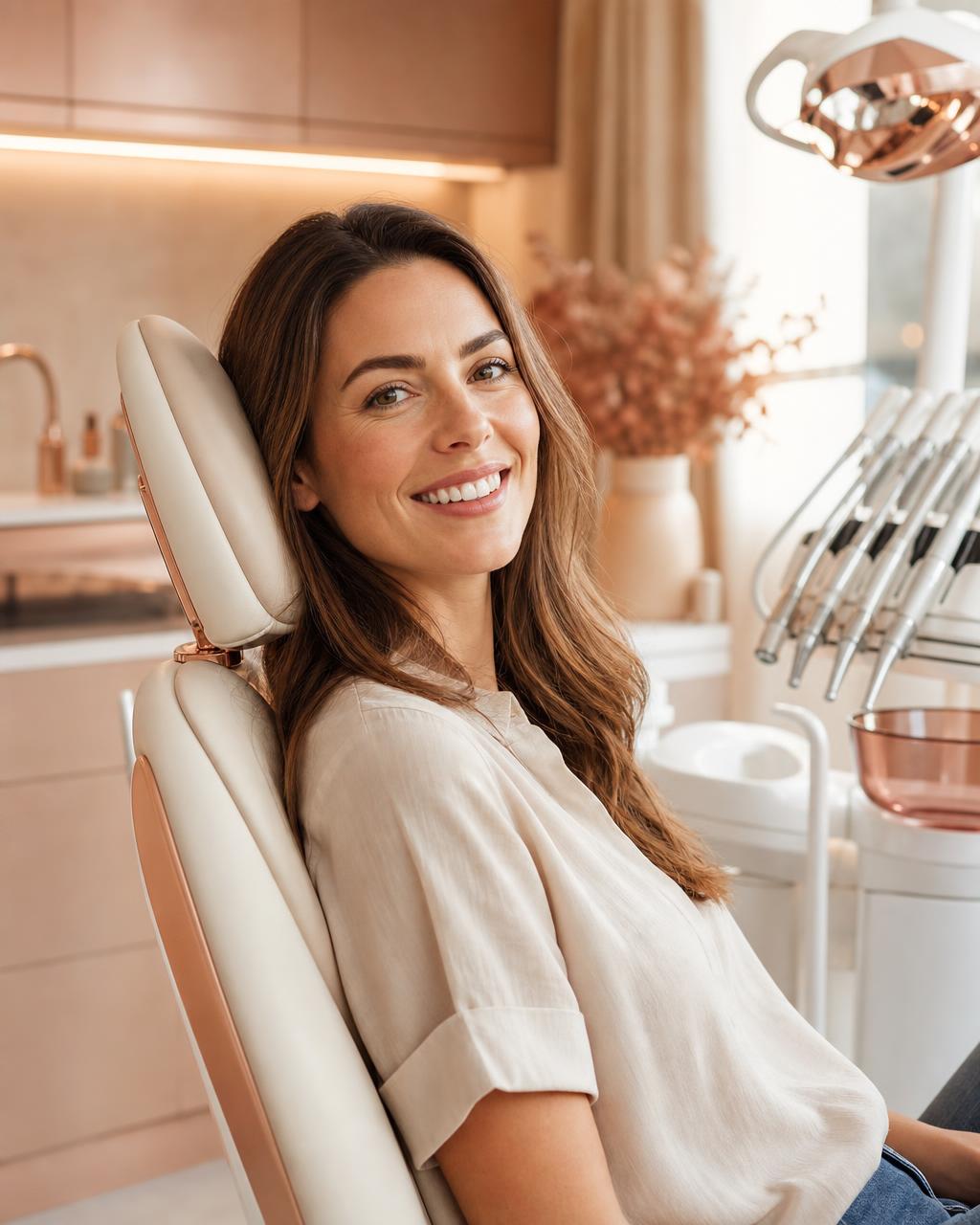 Paciente sorrindo na cadeira da Clínica Voss Odontologia em Guabiruba
